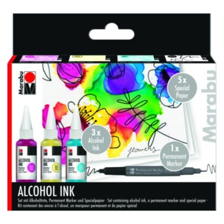 Marabu ALCOHOL INK alkoholos tinta 3*20ml virágok téma filctollal és 5ív A6 speciális papírral